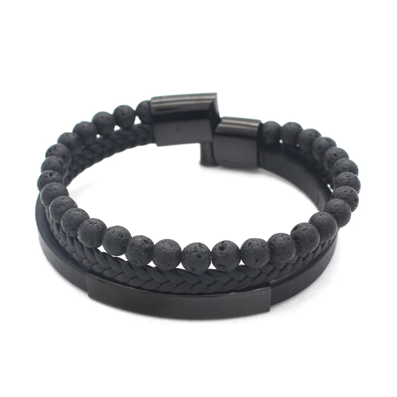 New Mens Leather Bead Bracelet Braided Lava Bead Leather Bangle for Men