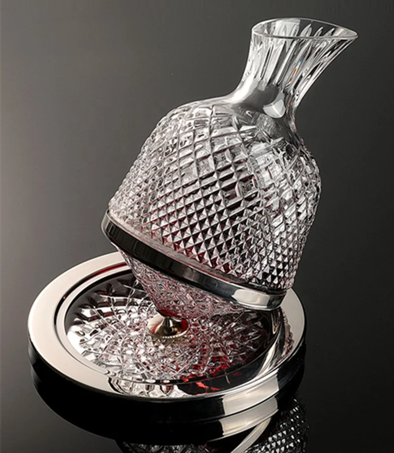 Wedding Swing Hand Blowing Hand Cutting Crystal Wine Decanter Lead Free Glass Aerator Decanting Set with stainless steel tray