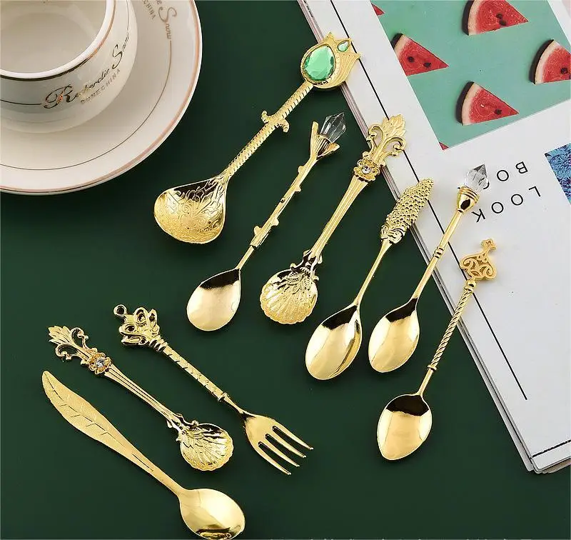 Кристалл Ретро узор сплав Маленькая Золотая ложка кофе торт мешалка