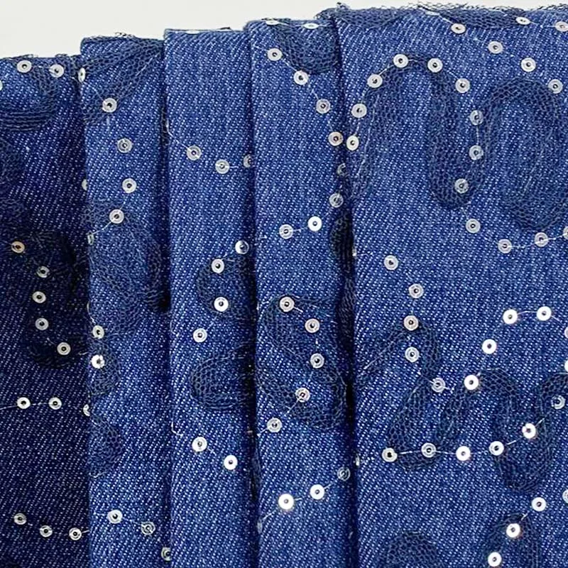 Denim Fabric Wholesale Polyester Cotton Lace Bead Embroidered Denim Fabric For Clothing Diy Decoration
