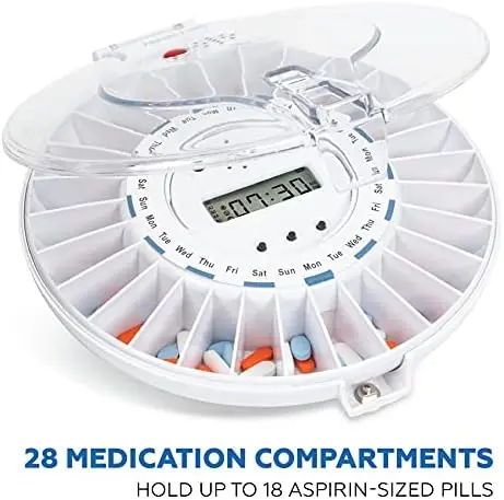 Premium Locking Automatic Pill Dispenser 28 Slot Electronic Medication Organizer (Clear and Solid White Lids)