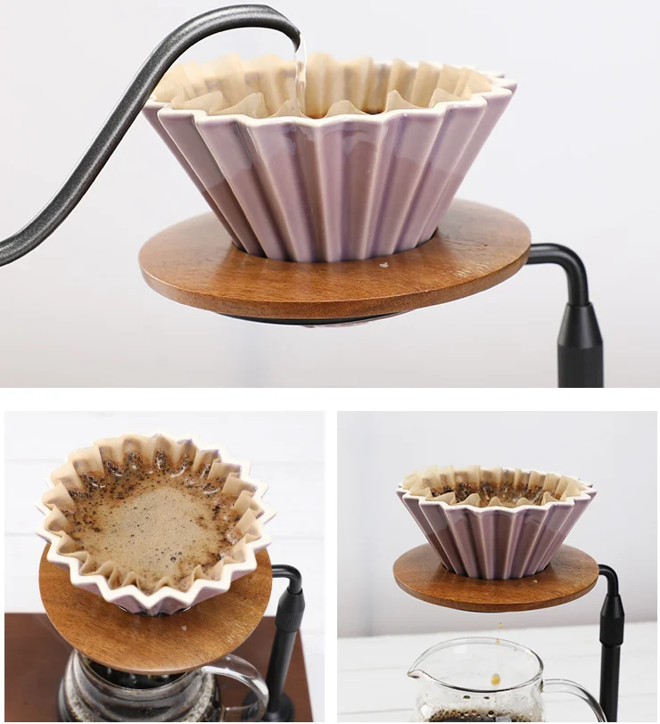 black color Japanese style Ceramic Dripper Pour Over Coffee Filter Cup with wood base