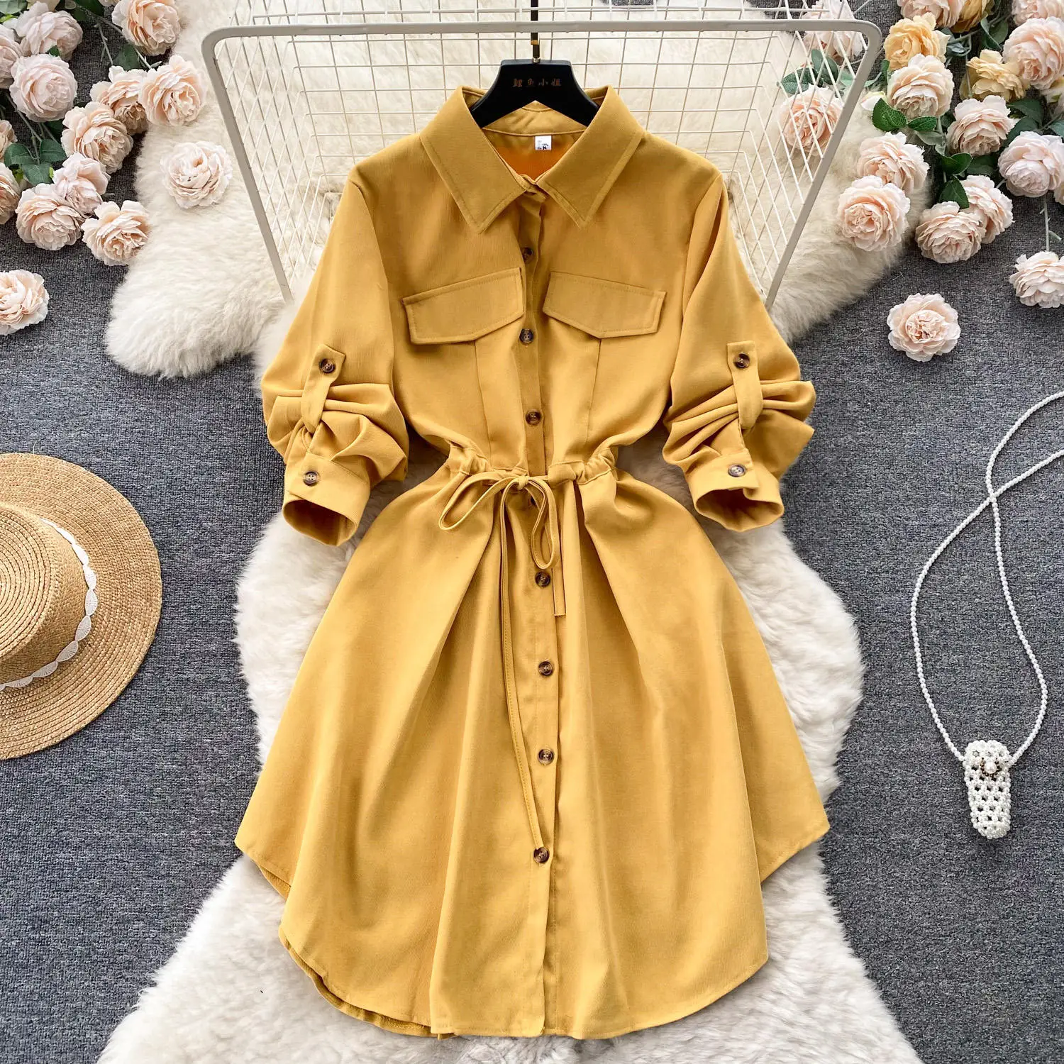 Autumn Vintage Asymmetric Tunic Slim Shirt Turn-Down Collar Midi Dress With Long Sleeves Empire Lace Dresses For Women