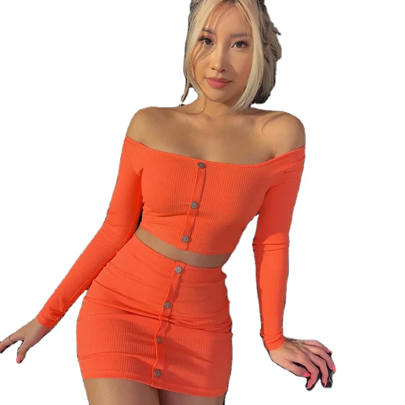 Summer solid slim button navel commuting high waist short 2 piece set dress