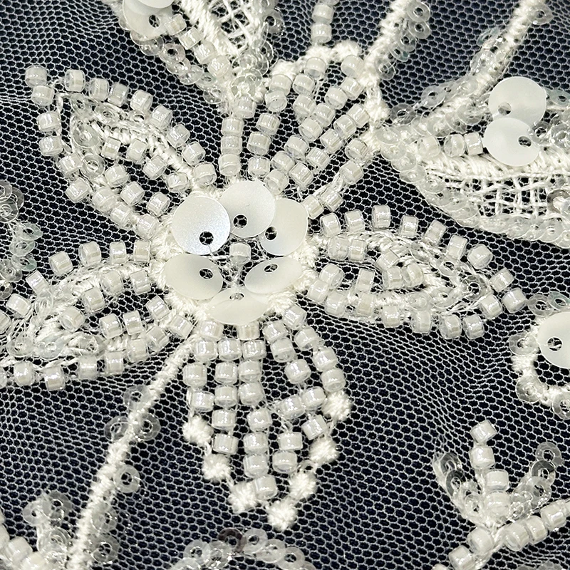 Manufacturer cheap high quality embroidery white lace fabric sequins french lace wedding bridal dress fabric for party