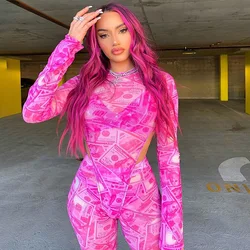YD - A20100S Hot selling autumn high quality pink money dollar print jumpsuit two piece set women clothing