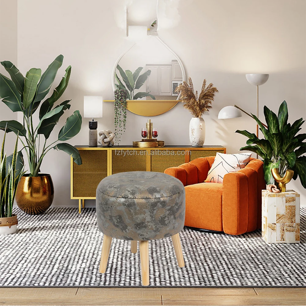 Ottoman Manufacturer Round Fabric Wood Leg Ottoman