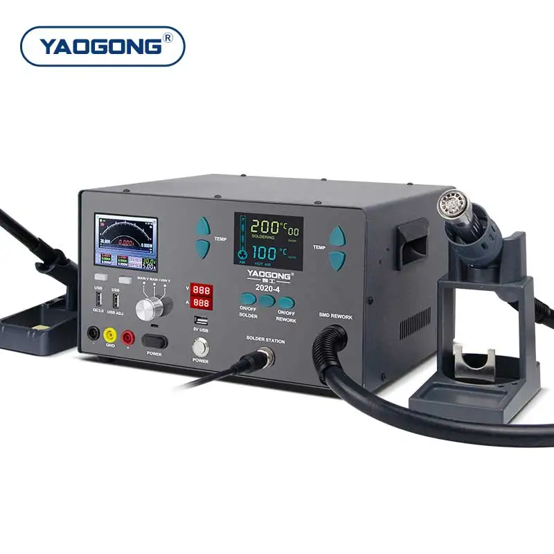 YAOGONG 2020 4 in 1 Intelligent Phone PCB Board Repair Tool SMD Rework Solder Iron Hot Air Gun Power Supply Soldering Station