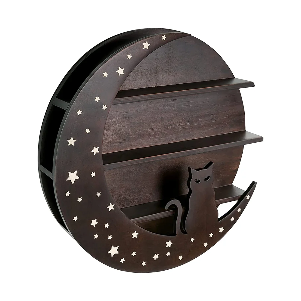 Modern Round Black Wood Wall Mount Ornaments Display Decorative Racks Shelf Living Room Storage Cat on Wooden Moon Shape Wooden