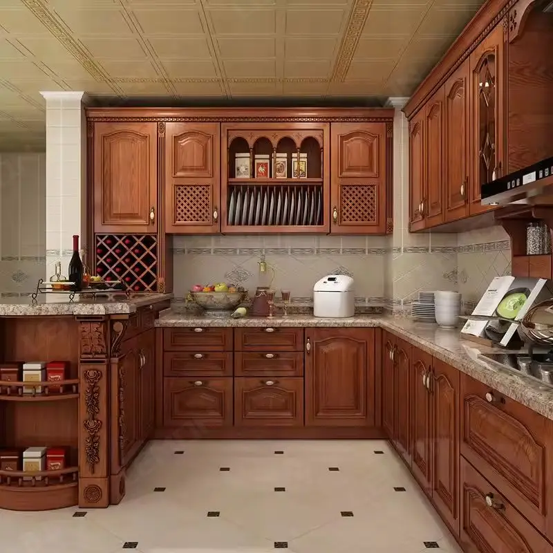 Custom Chinese New Kitchen Furniture Cabinet Walnut Wood Kitchen Cabinets for Sale