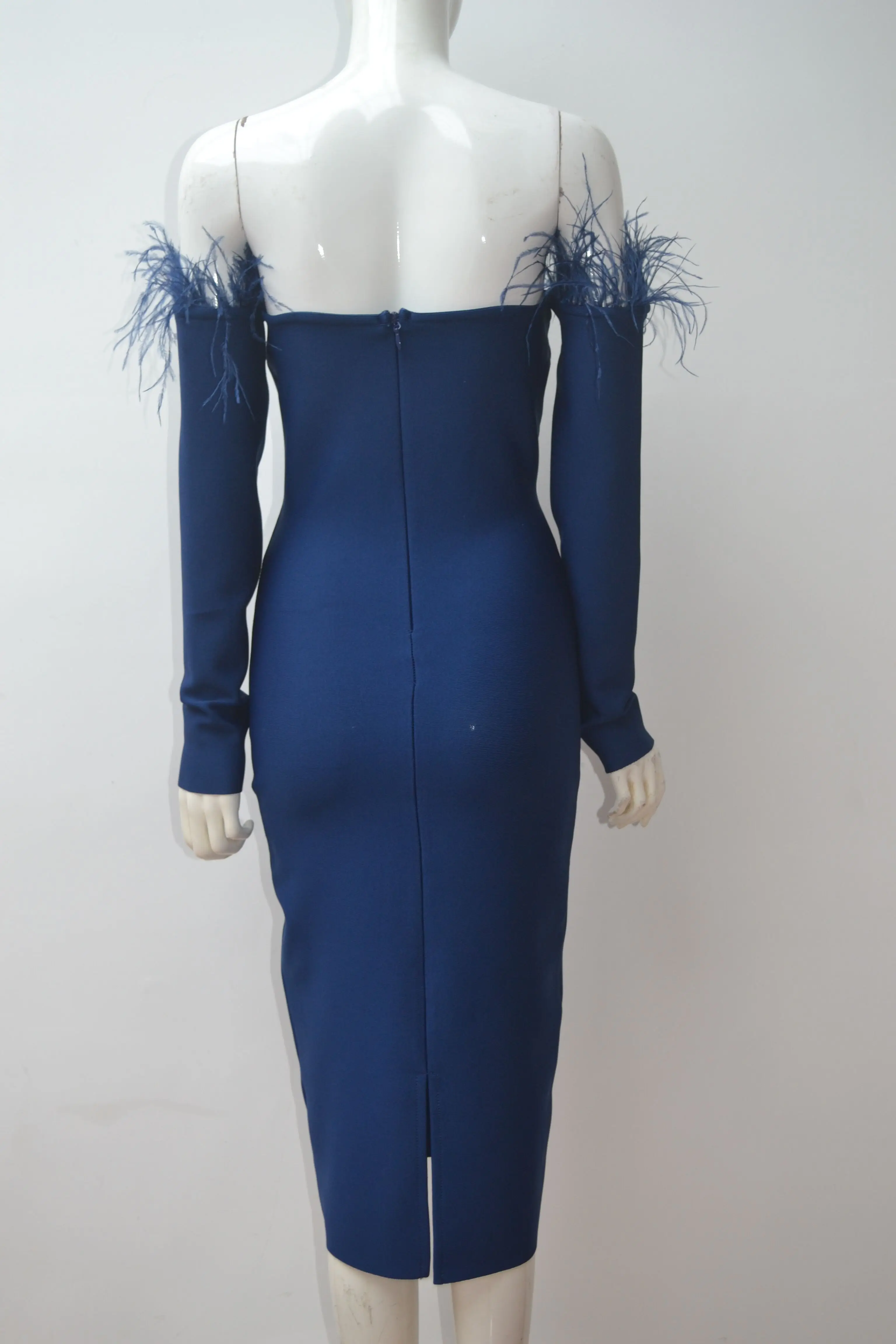 Ladies Party Knitted Dress Blue Feather Long Sleeves Midi Dress Sexy Off shoulder Bandage dress