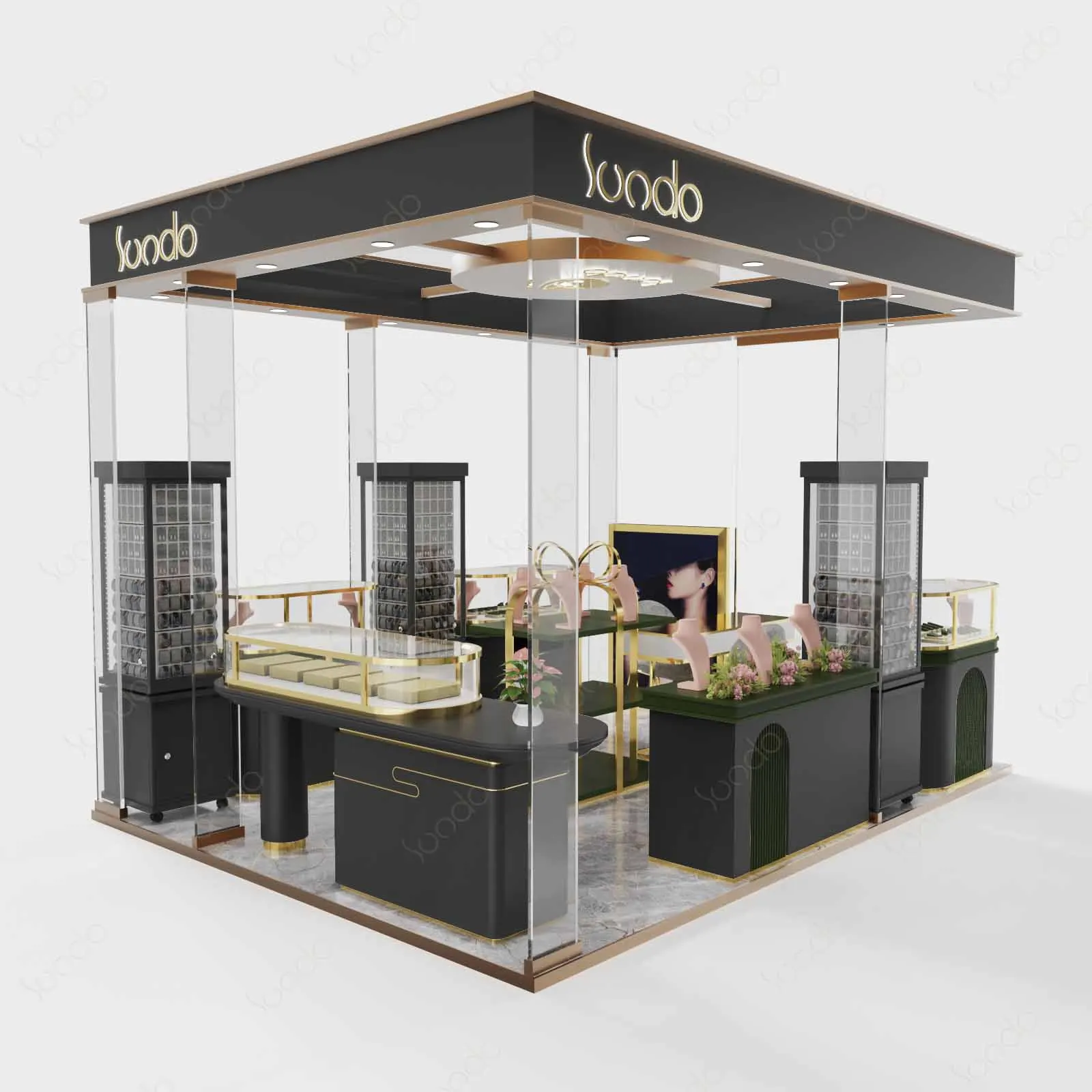ODM OEM commeroial design Wood Furniture display showcase Black Glass cabinet Watch Jewelry mall kiosk display retail