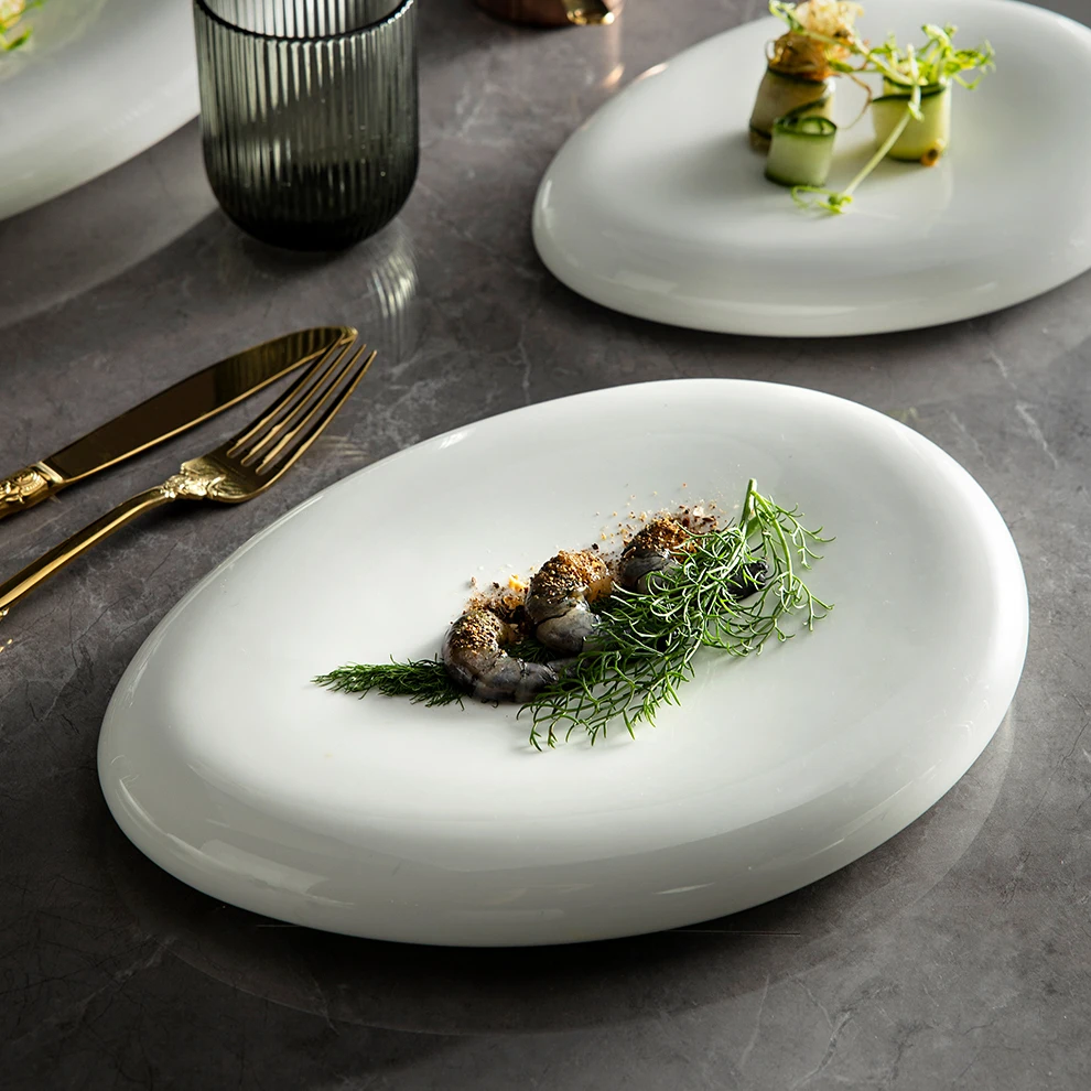 Art Decor Oval Plate Ceramic For Hotel 11 Inch Satin White Dessert Tray Japanese Restaurant Creative Sashimi Porcelain Plates