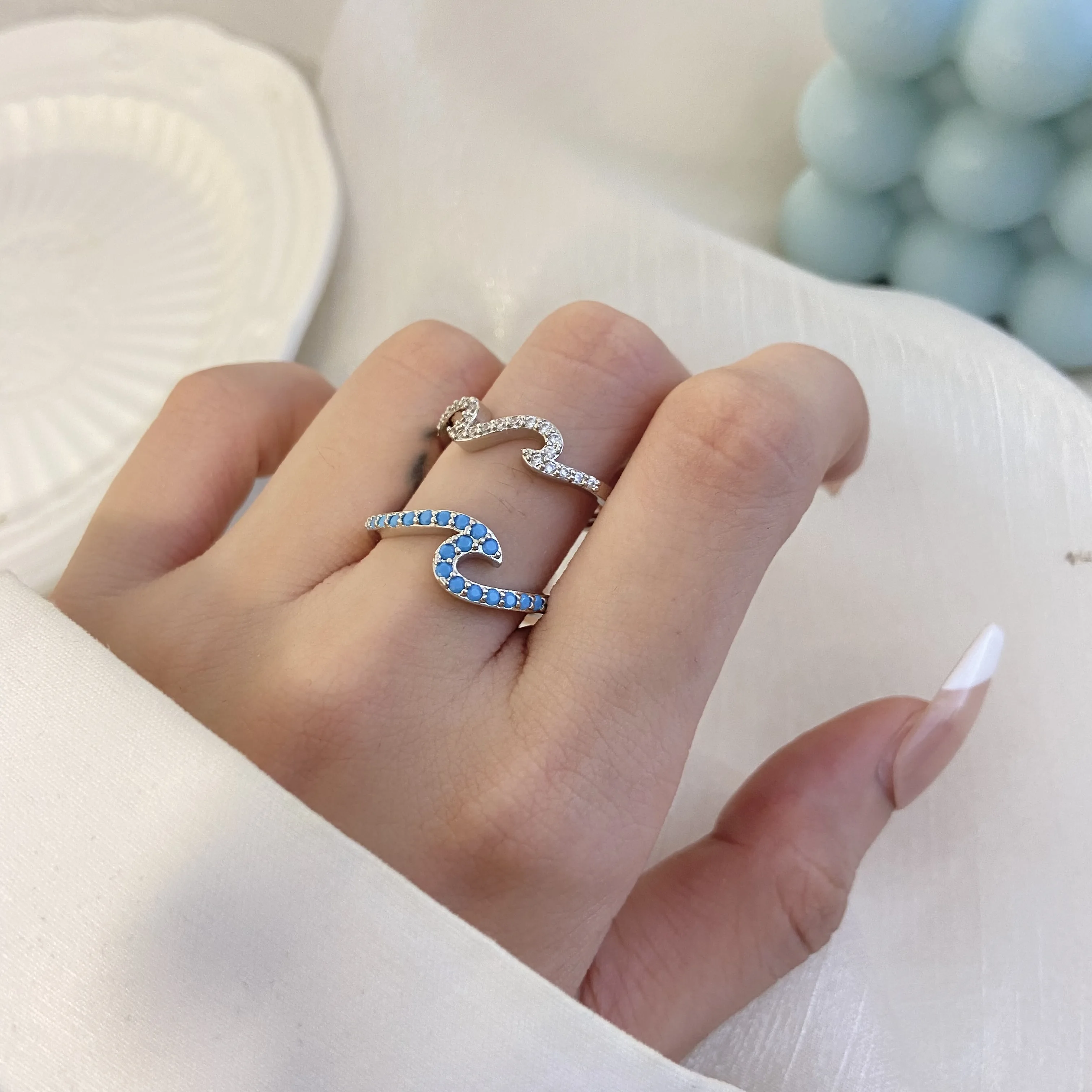 2024 Foxi Charming New styles waves Blue Color Turquoise Stone Female 925 Sterling Silver Ring Resizable finger Rings For Men