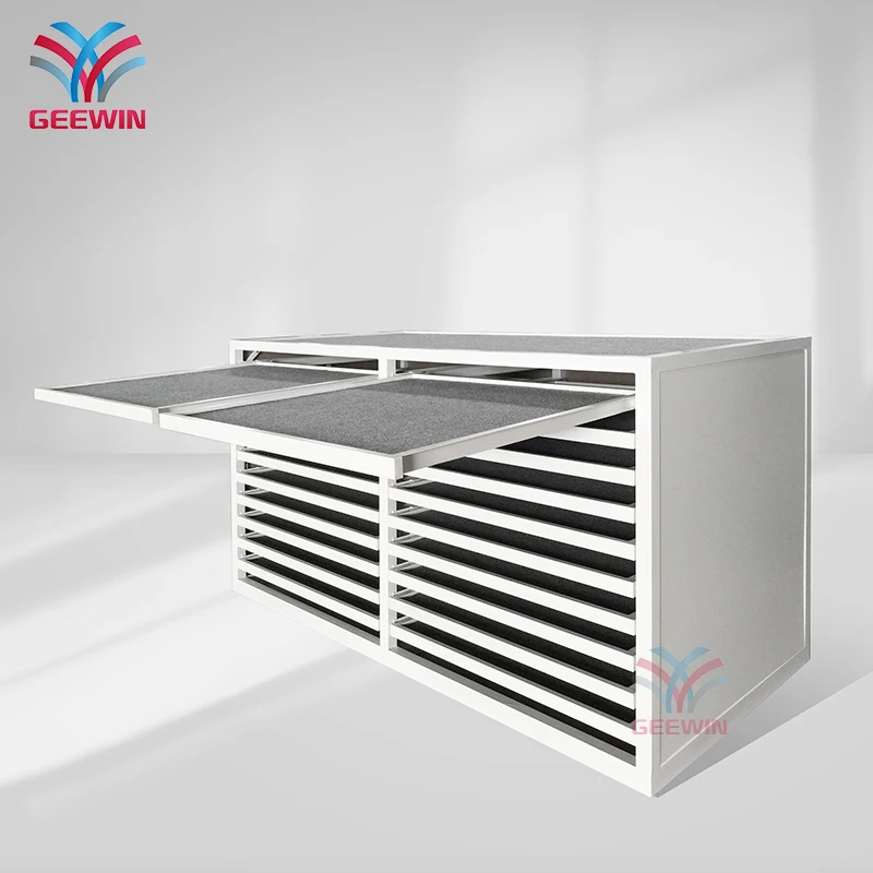 Wooden mix metal tile display rack system white coated display stand system with pull out drawers