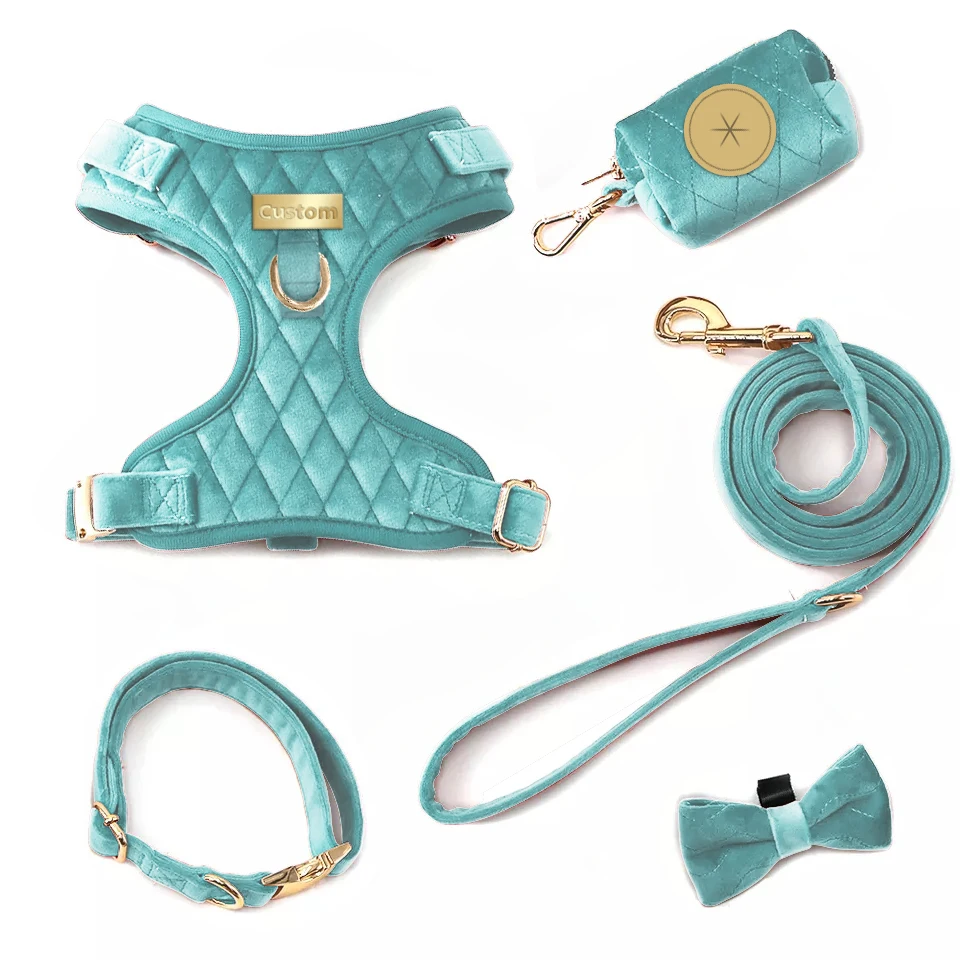 INS hot selling Custom Personalized Corduroy Dog Harness Set Pet Velvet Leash Collar Harness Leads No Pull Dog Harness Luxury