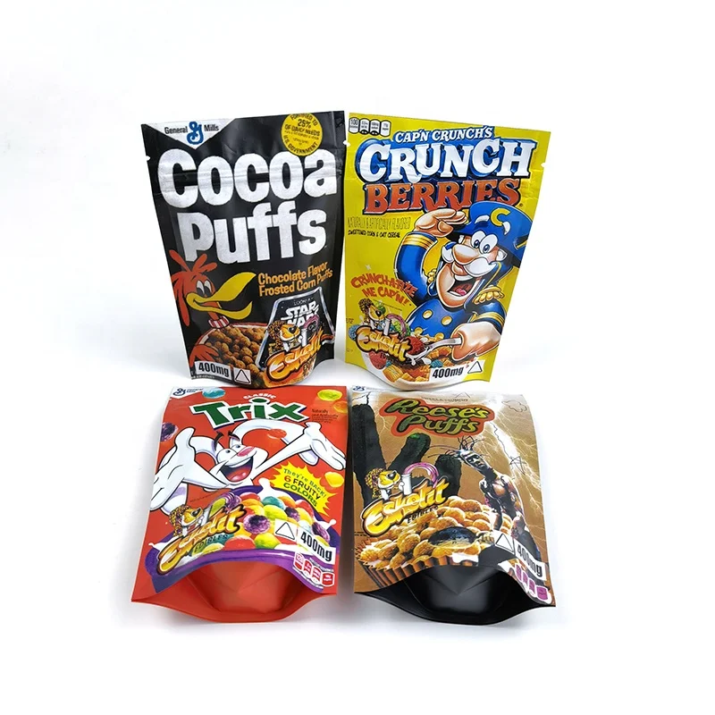 
In stock 400mg chocolate puffs Berries cereal edibles bags cheetos Doritos medibles Trix rice krispies empty weed mylar bags 