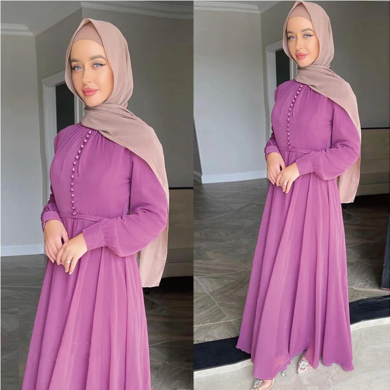 Top sell wrinkle crepe Dubai Women Muslim Dress Clothing Long Sleeves Round Collar Solid Color indian & pakistani clothing