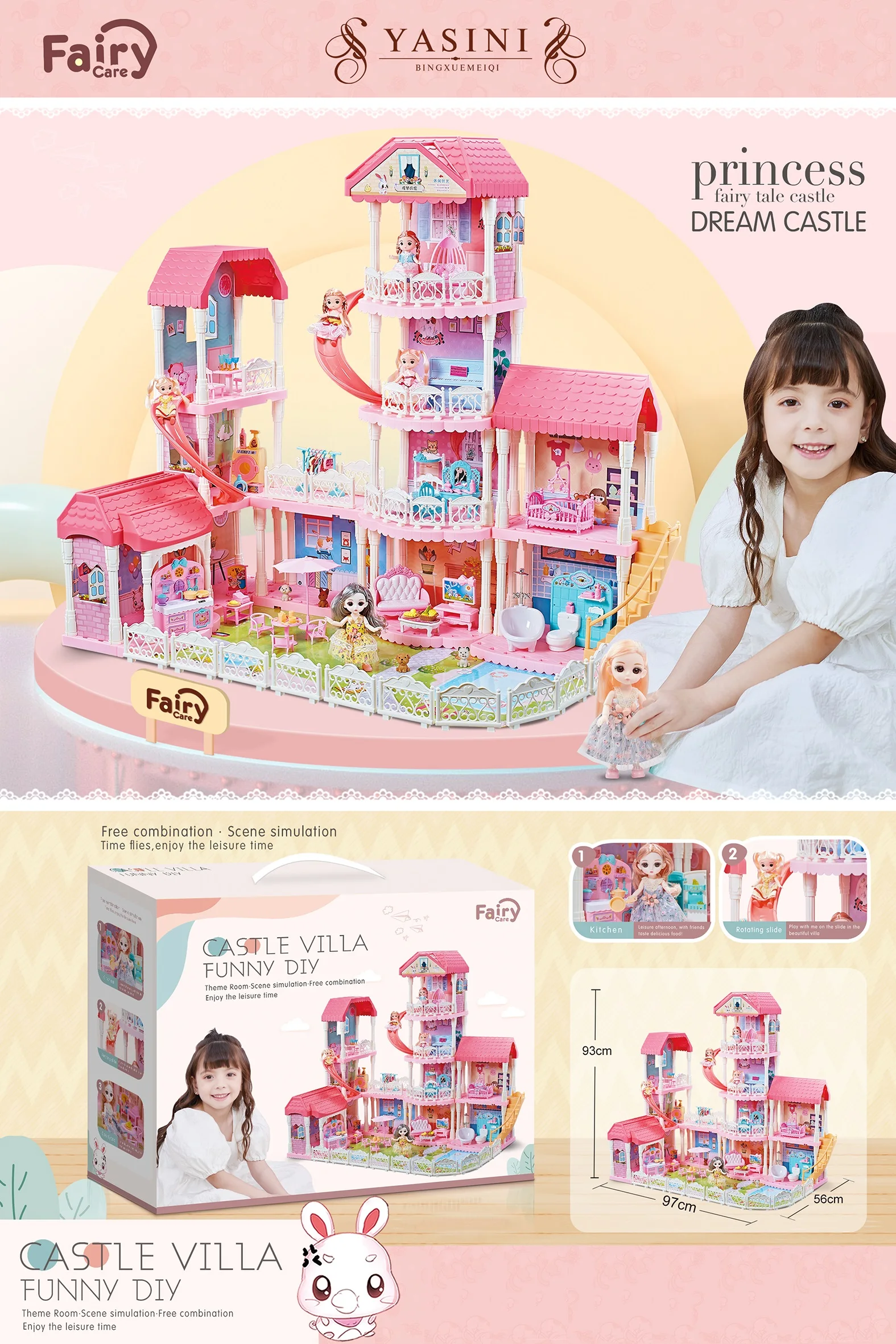 2023 Luxury DIY Rabbit Doll Big House Castle Villa Toy Set Miniature Furniture Bunny Play House Toys For Girls Birthday Gifts