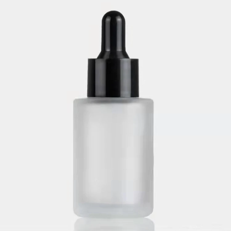 1 oz 30 ml  serum packaging Round transparent Glass Bottle with Glass frosted amber Flat shoulders Dropper for essential oils