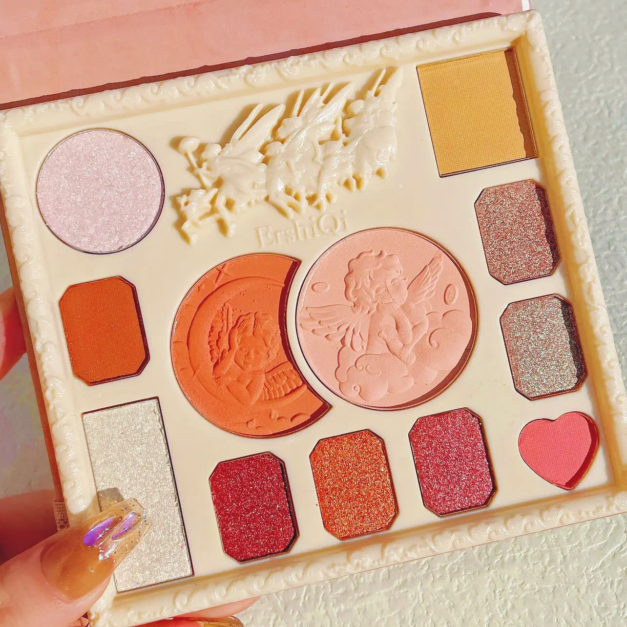 ErshiQI Kawaii Blazing Angel Makeup Palette Eye Shadow Palette with Mirror Face Highlighter Powder All in One