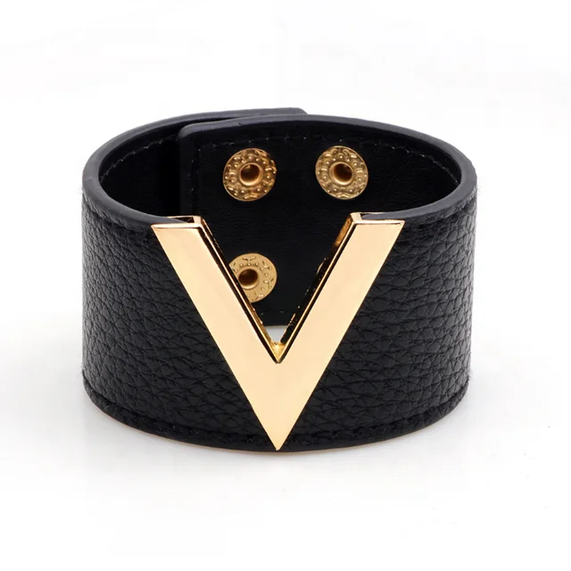 High Quality Fashion European and American Wide Leather Bangle Fashion lady V bracelet