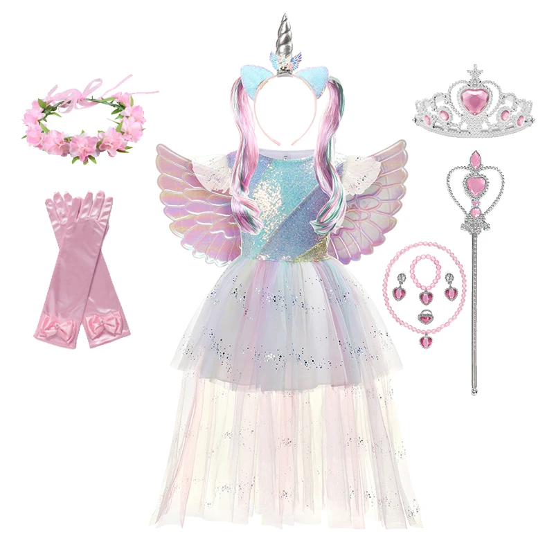 Halloween Unicorn Princess Dress Birthday Party Cosplay Angel Dresses Children Mesh Tutu Skirt Pink Lace Sling Costume for Girls