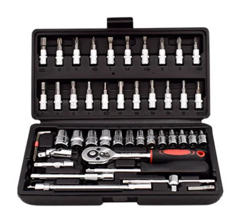 46PCS Vde Multifunctional Auto Repair Tool Kit Set Socket Wrench Combination Sleeve Ratchet Plate Hand Repairer Hardware Tools