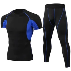 Hot Selling Custom Polyester Spandex Short Sleeve Two Piece Workout Gym Clothing Fitness Wear Set For Men Tights