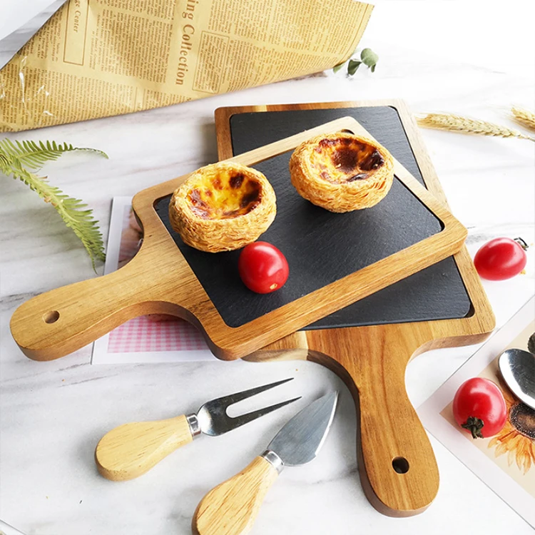 Natural Rectangle Slate Stone Cheese Steak Serving Board Acacia Wooden Home Dishes Cutting Board with Handle