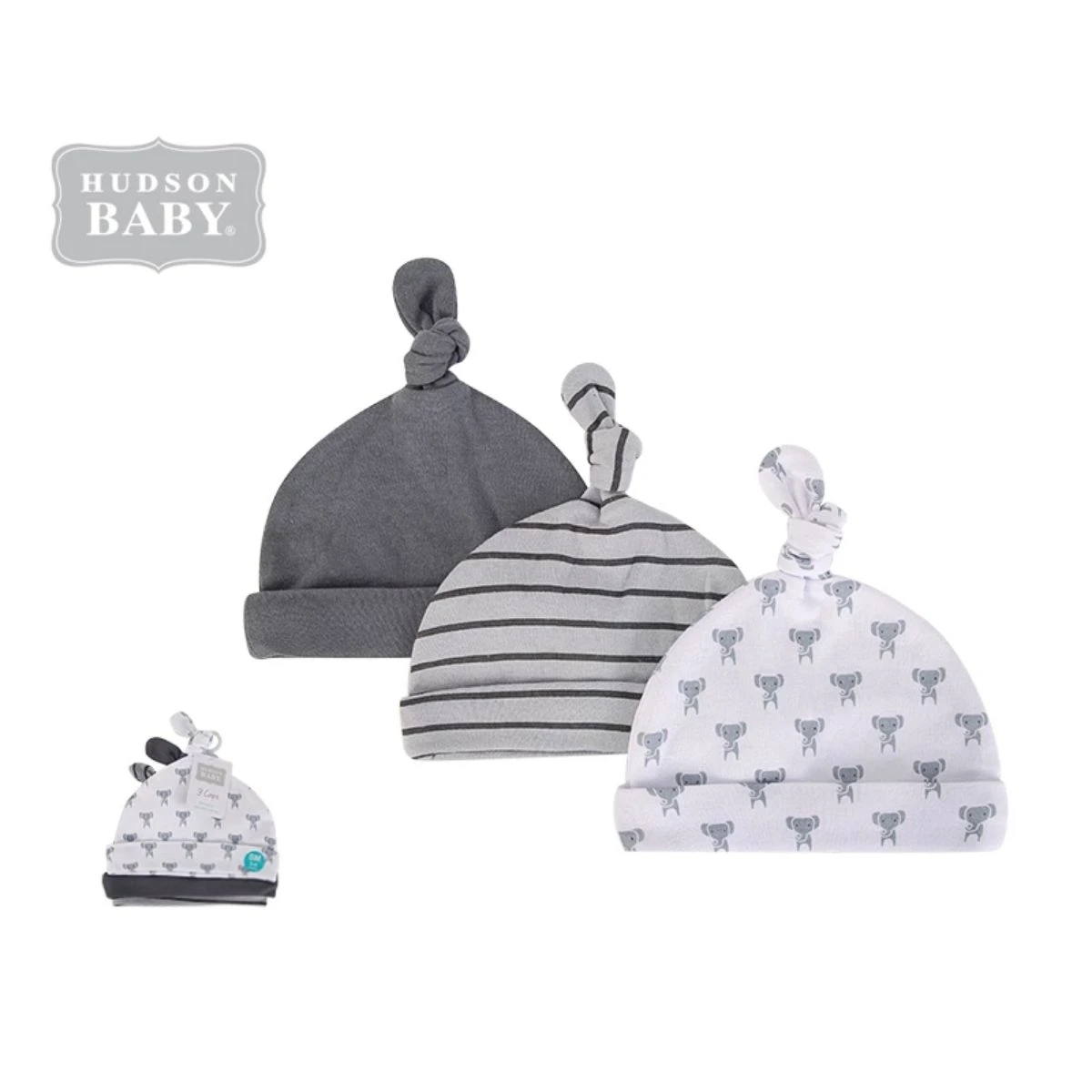 
Hudson Baby Hat Set - 3 PK Baby Knotted Hat 100% Cotton No. 52314CH 