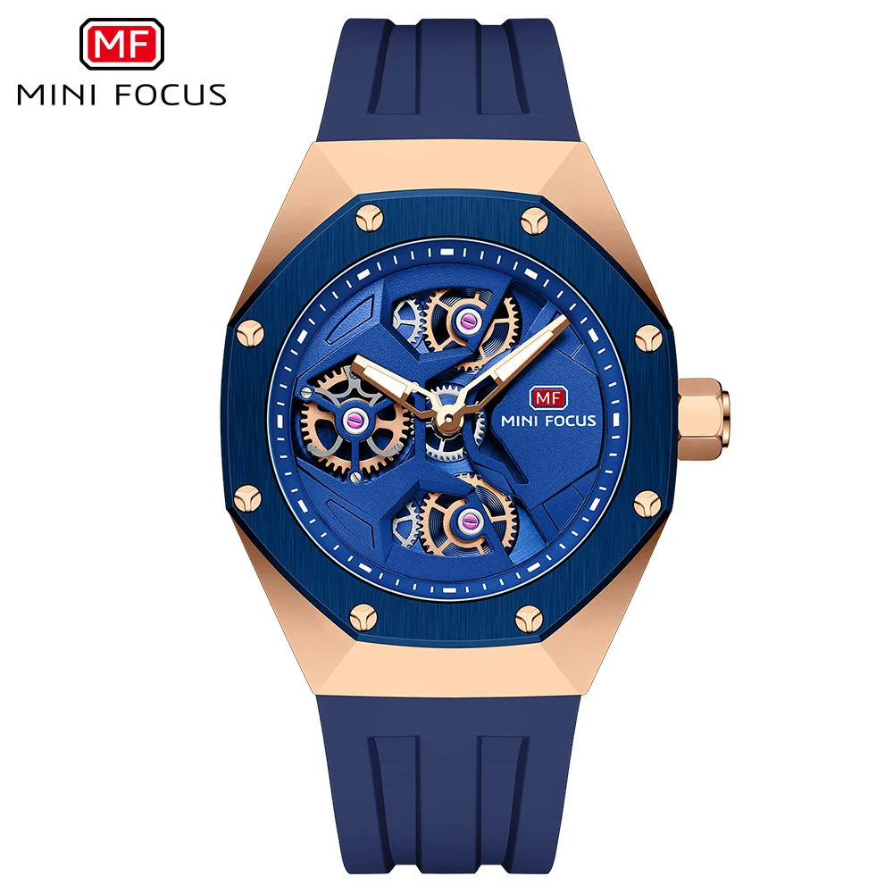 Mini Focus MF0422G Wholesale Blue Gents Quartz Watch Stylish Silicone Band Water Proof Skeleton Vintage Casual Wrist Watch
