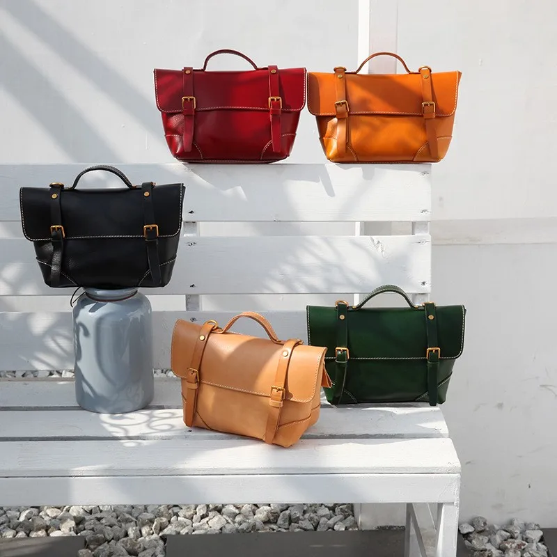 New Fashion Colorful Ladies Vegetable Tanned Leather Shoulder Bag Waterproof Messenger Tote Handbags