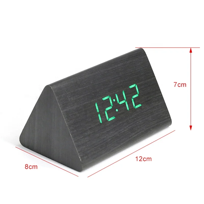 KH-WC006 Student Gift Small LED Digital Voice Control Desk Triangle Wooden Alarm Clock