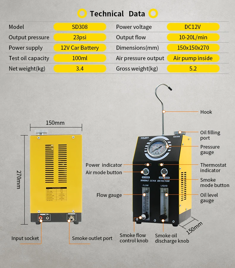 Дымовая машина Solary SD308 автомобильный детектор утечки автомобильная