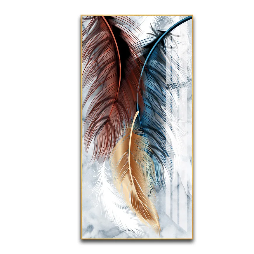 Wholesale Framed Wall Art Premium Feather decorative picture Artwork Crystal Porcelain Painting For Living Room