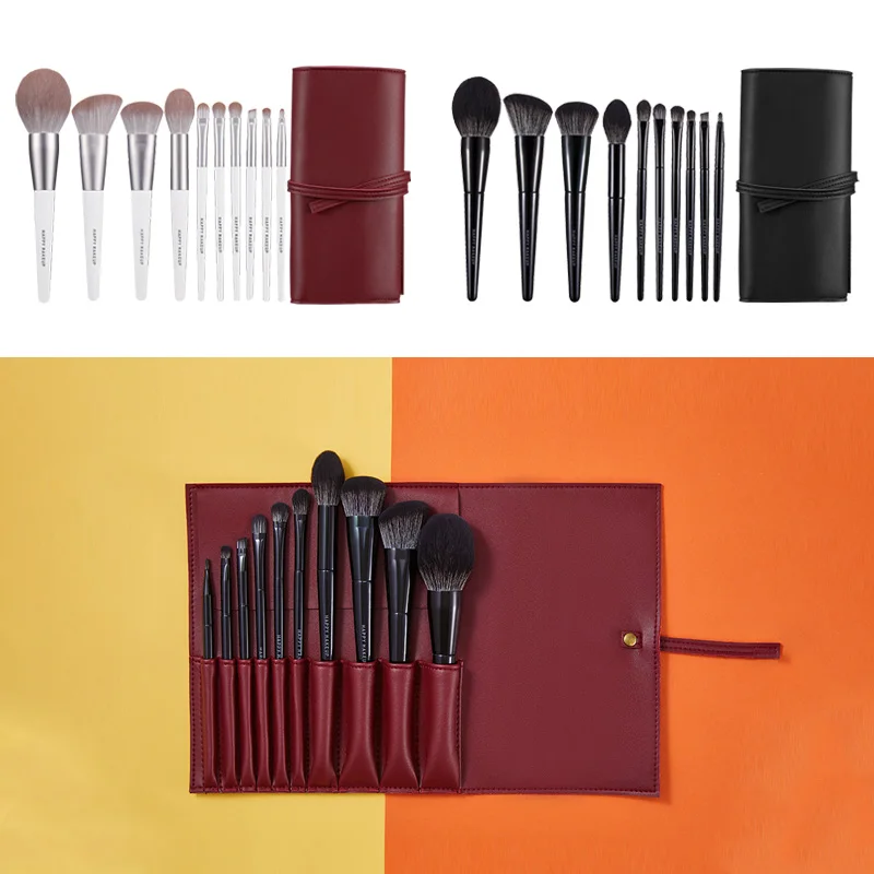 Happymakeup Rich Stock  Makeup Brush Set Wholesale High Quality Vegan Soft Hair 10pcs White And Black Make Up Brushes With Case