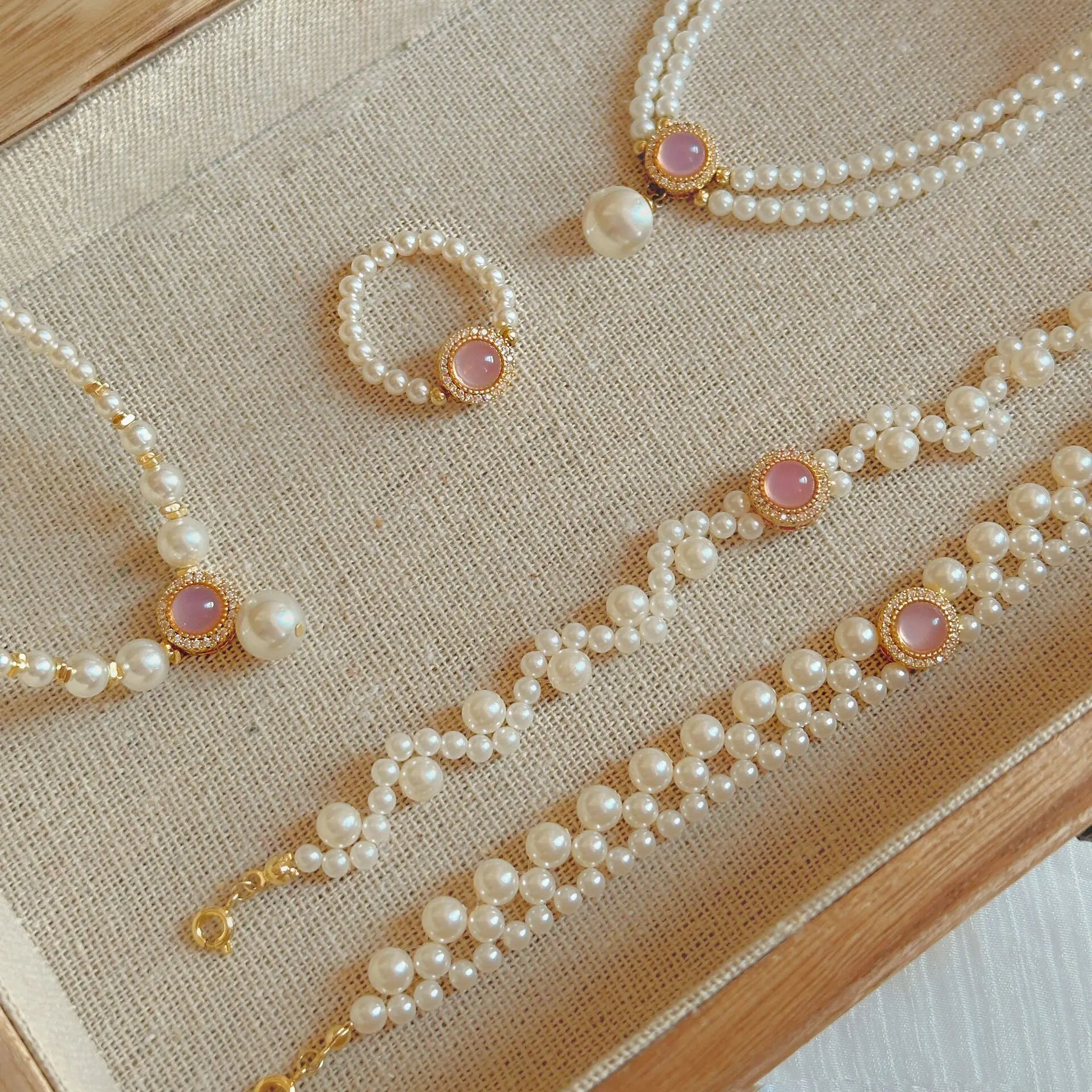 Vintage Mapei pearl necklace earring set court style banquet rhinestone short chain prom party dating bridal wedding jewelry set