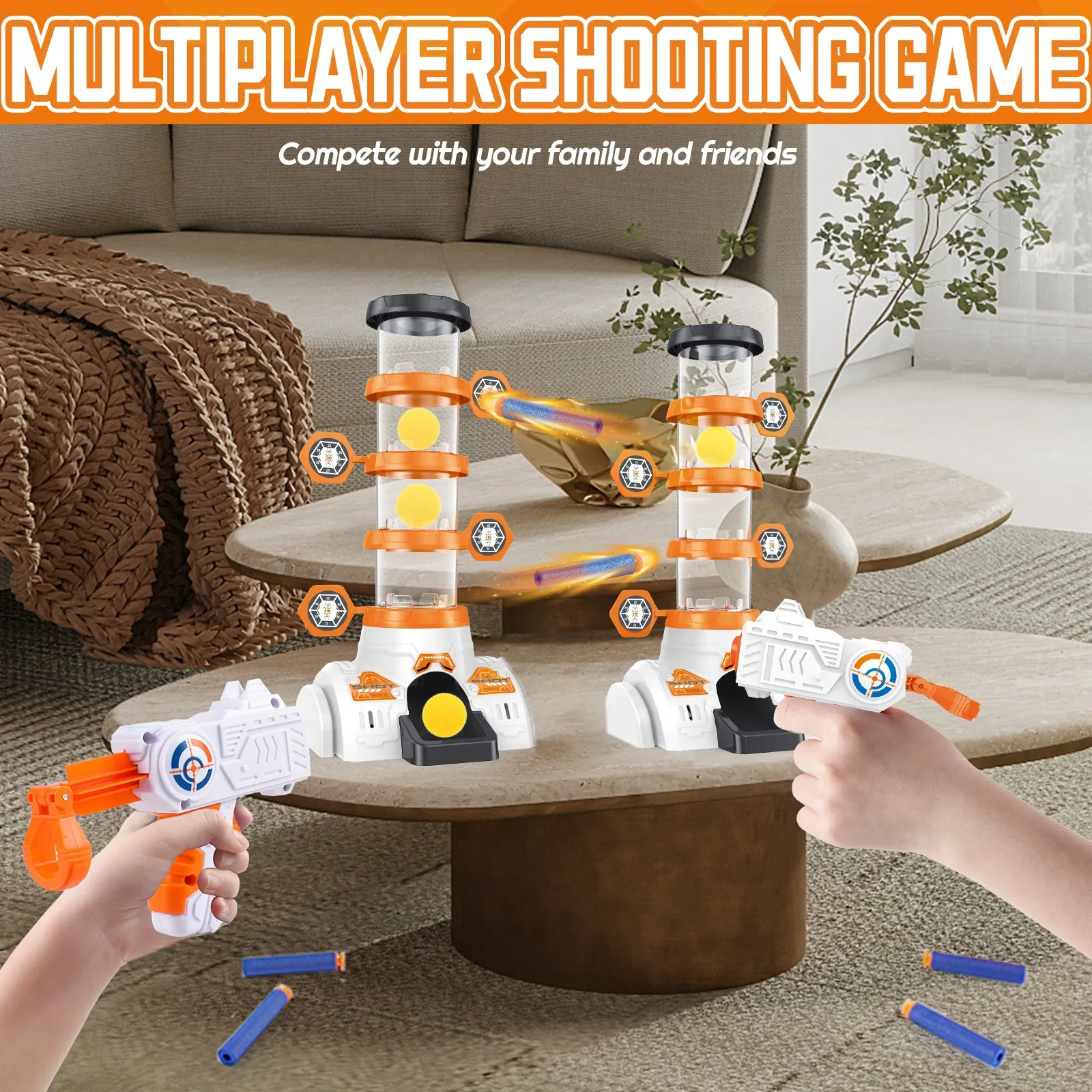 Double Cylinder Shooting Game Electric Soft Bullet Eva Balls Blaster Gun With Moving Target Toy