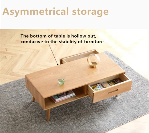Modern Fashion Simple Style Long Rectangle Oak Coffee Table With Double Drawers