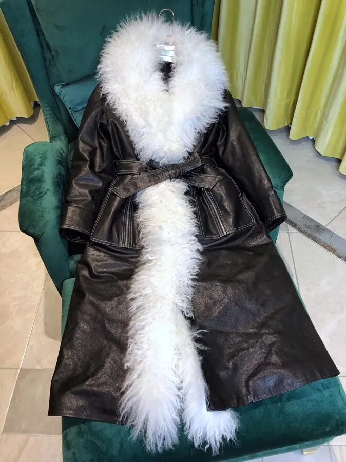 Women 100% Sheepskin Autumn And Winter Haining Leather Jacket Ladies Sheepskin Long Slim Windbreaker Jacket And Coat