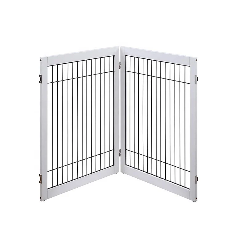 Custom Foldable Wood and Wire Indoor Safety Gate Stairs Guard Railing Fence Pet Dog Door Wooden Dog Playpen with Support Feets