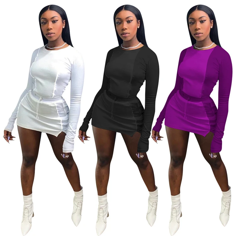 
hot sale long sleeve tops mini skirt two piece sets pretty women clothing 