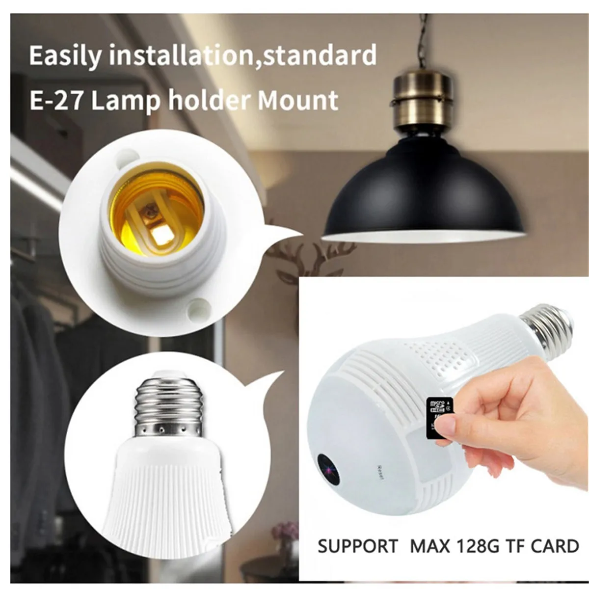 1080P LED mini FishEye 360 degree CCTV camera VR Wireless HD Wifi Light Bulb camera