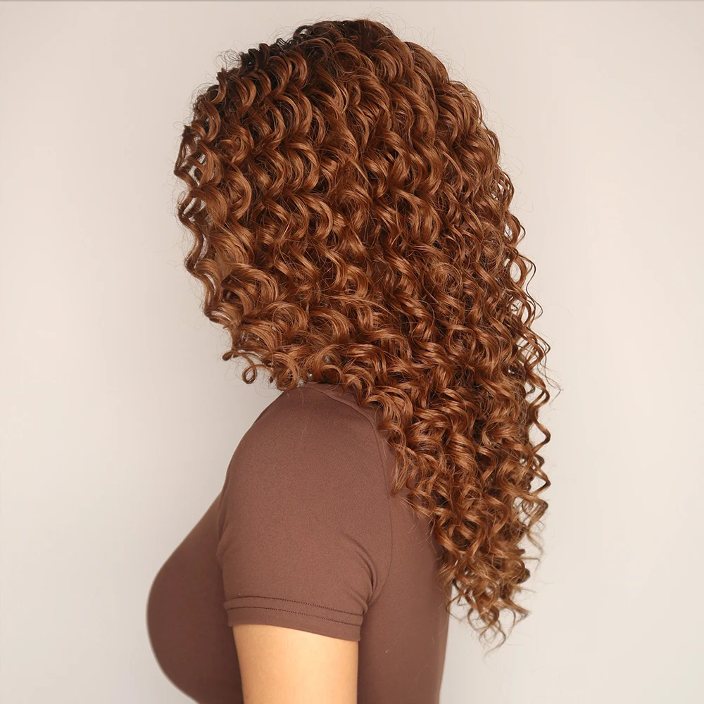 Ainizi 22 inches afro kinky curly ombre brown synthetic T-part lace frontal wigs