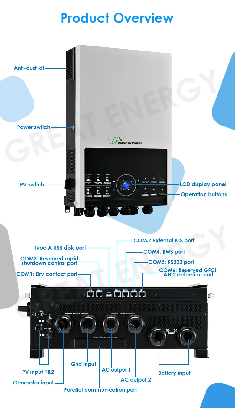 Hybrid Solar System Inverter 8kw 11kw Grid Solar Converter 48V 220V Pure Sine Wave Inverter USB AC Home Use