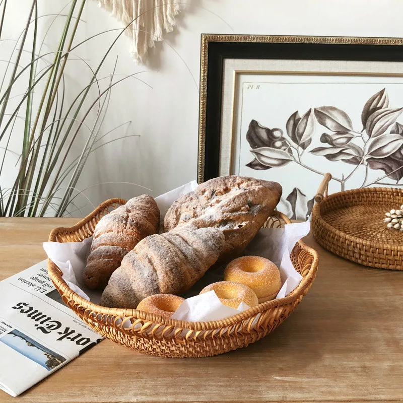 Rattan Handmade Fruit and Vegetable Woven bandeja picnic redonda Handcraft Wicker Food Storage Serving Tray