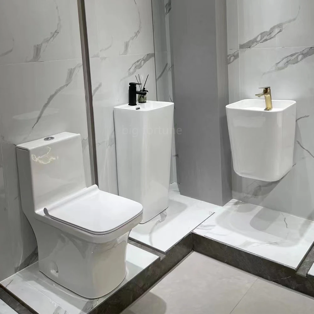 Wholesale Ceramic Square Toilets White Color Sanitary Ware Bathroom Washdown One Piece Toilet And Sink Set