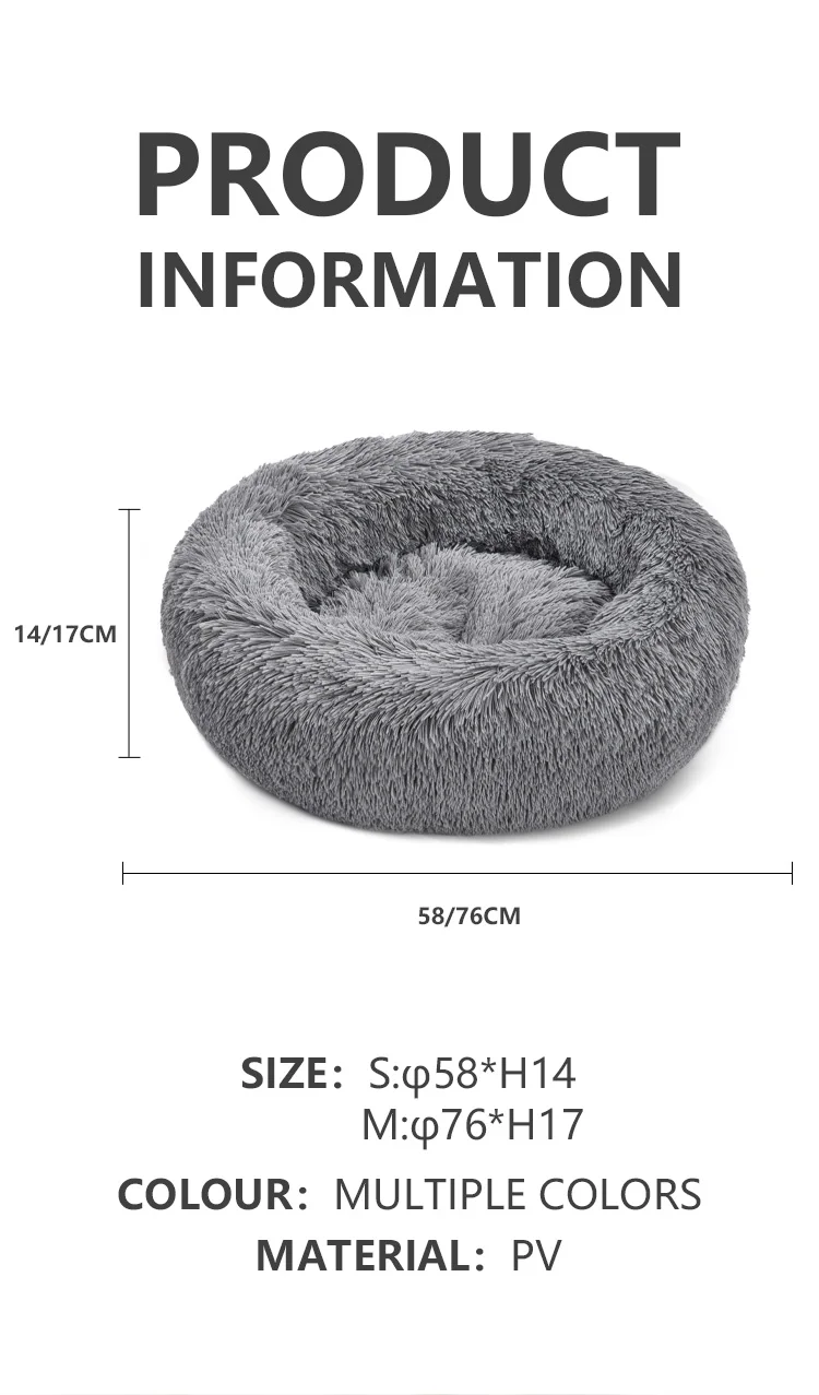 Long Faux Fur Fabric Dog Bed Comfortable Donut Round Super Soft Washable Pet