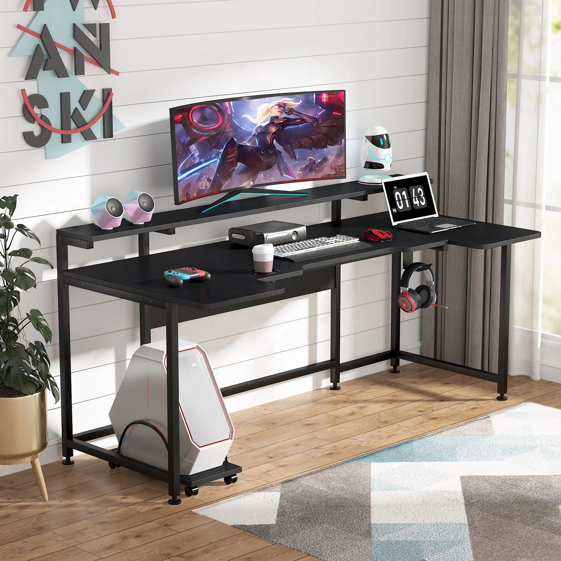 Tribesigns 74.8 Inches Modern Corner Workstation with Hutch U Shaped Computer Gaming PC Laptop Desk Tables